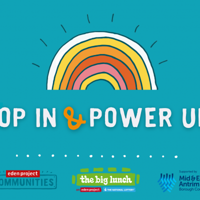rainbow pop in power up big lunch and eden communities mid and east antrim council logo