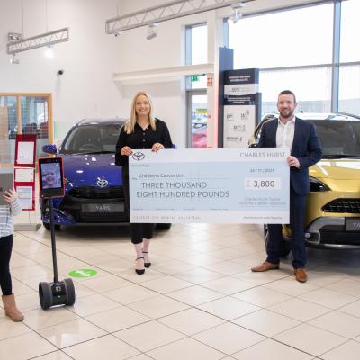 Charles Hurst Toyota fund additional robot for Childrens Cancer Unit Charitys Robotics Programme. Pictured L-R Lucy Roberts, Sarah Armstrong, Charles Hurst Toyota, Luke McCready, Charles Hurst Toyota, Jacqueline Wilson, Children’s Cancer Centre Charity