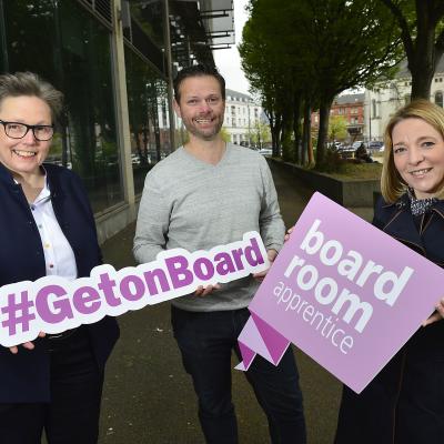 2020 Boardroom Apprentices Jo McGinley (right) and David Esler (middle) with founder Eileen Mullan. Boardroom Apprentice 2022 applications open on May 3