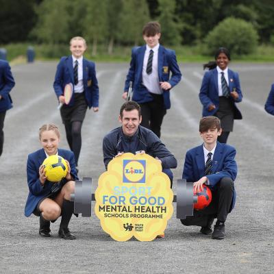 Year eight and nine students at Antrim Grammar received a series of workshops earlier this week, delivered by Co. Antrim Olympic runner, Michael McKillop MBE. Pictured (L-R) alongside Michael McKillop MBE are Macy Raphael and Jake Irvine. Racing to the finish line (L-R) are Oliver Dean, Claire Suffern, Caleb Whiteway, Leona Nelson, Louis Onion.