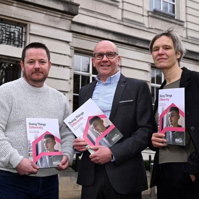 Doing things differently: pictured at the Simon Community NI Strategy launch are (left-right) Simon Community NI client John McNamee, CEO Jim Dennison and Managing Director of Vienna homelessness organisation neunerhaus, Elisabeth Hammer. Picture: Michael Cooper 