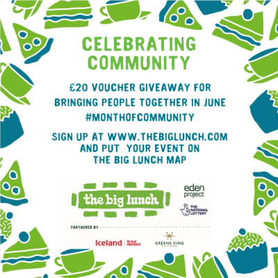 Green and Blue logo with teacups and cakes asking people to sign up to The Big Lunch with the offer of vouchers to help events.