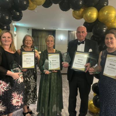 Comber Chamber of Commerce members recognised at the inaugural Funeral Awards Northern Ireland. Pictured are Laura Lamont and Wilma Bell of McBrides on The Square; Tracy Burrows, Floral Creations; Ken Gilmore and Suzanne Ross of Gilmore Funeral Directors. 